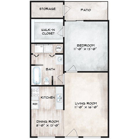 Floor plan for 1 bed, 1 bath, 620 sqft
